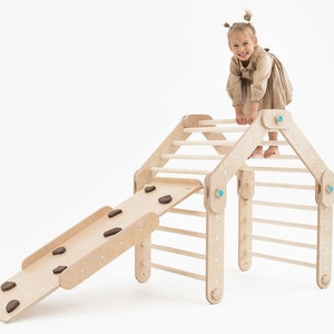 HAPPYMOON® NATURAL CLIMBER mit Rampen, Klettergerüst aus Holz, verwandelbares Dreieck, Montessori-Rampen, Kletterhalle, Spielzimmer Climber + Stone ramp