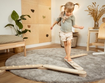 Double-sided natural balance beam set from 4, 6 or 8 beams, Montessori wooden balance toy, kids balance board, toddler gift, indoor gym