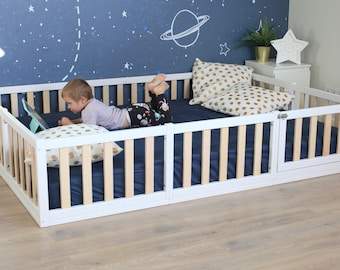 HAPPYMOON®  White Montessori floor bed with slats , Nursery crib, Kids bed Montessori toddler Platform bed, Children pen Play room
