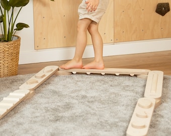 Natural balance beam set from 8 beams, Montessori wooden toy, happymoon, child's gift, wooden gym complex, wooden balance board