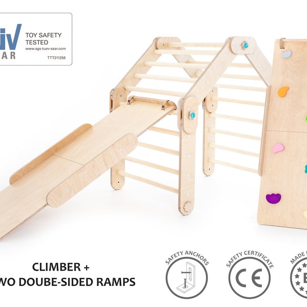 HAPPYMOON® NATURAL CLIMBER with two ramps, wooden gymnastic complex, transformable triangle, Montessori ramps, climbing Gym.