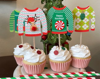 12 Ugly Sweater Cupcake Toppers, Holiday Party, Christmas Cake Toppers, Ugly Sweater Party, Christmas Party Decor, Ugly Sweater Toppers