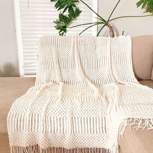 Indy Throw Blanket - Beige White Cream Throw Blanket Hand Knitted Super Soft and Cozy - Home Decor Gift 50 x 68 inches fringe ends