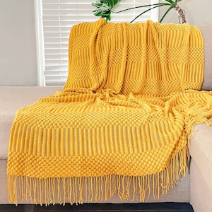 Sophie Throw Blanket - Mustard Golden Yellow Throw Blanket Hand Knitted Super Soft Cozy Home Decor Gift 50 x 68 inches fringe ends