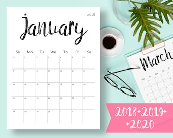 Printable Calendar 2018, 2019 2020 2018 Desk Calendar PDF Download Planner 2018 Calendar Pages, Digital Monthly 2018 2019 Calendar Printable