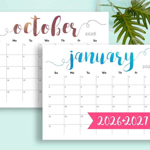 Calendario imprimible 2026 Calendario de pared grande Calendario 2026-2027 Páginas mensuales grandes Calendario PDF imprimible Calendario 2026 colorido para niños