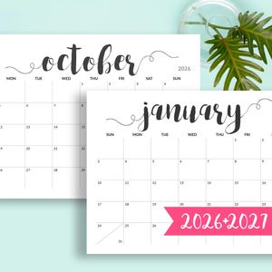 2026 Printable Calendar 2026-2027 Calendar Printable Large Calendar Printable Black and White Calendar A5, A4, A3, A2, US Letter, Tabloid
