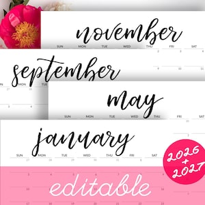 EDITABLE Calendar 2026 Printable Calendar to Type In 2026-2027 Desk Calendar Minimalist Calendar with Birthdays Monthly Calendar for Fridge