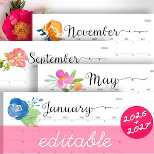 Floral Calendar PRINTABLE Calendar to Type In 2026 Wall Calendar Editable Calendar with Birthdays Monthly Calendar for Family Cute Calendar