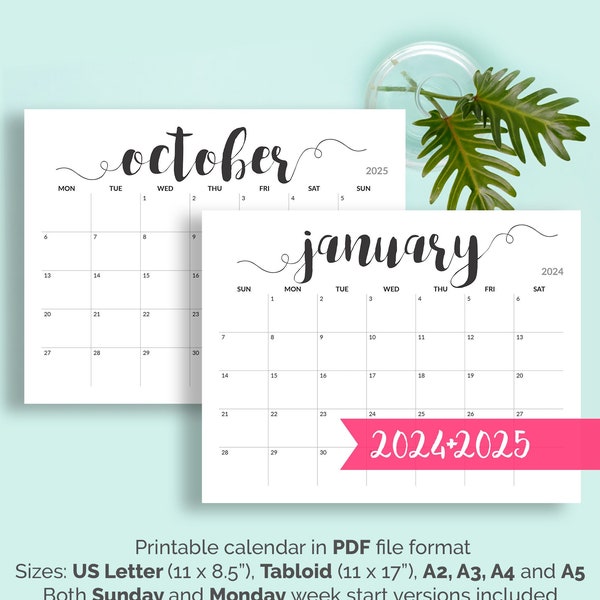 2024 Printable Calendar 2024-2025 Calendar Printable Large Calendar Printable Black and White Calendar A5, A4, A3, A2, US Letter, Tabloid