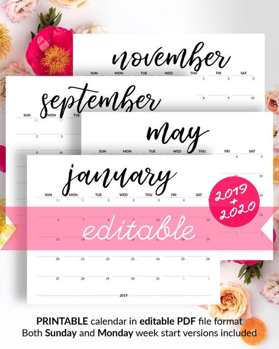 EDITABLE Calendar 2019 Printable Calendar To Type In 2019