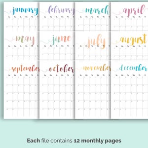 May include: A printable calendar featuring 12 monthly pages, each with a different watercolor-style title. The months are arranged in three rows of four, with a clean, minimalist layout. The text "Each file contains 12 monthly pages" is at the bottom.