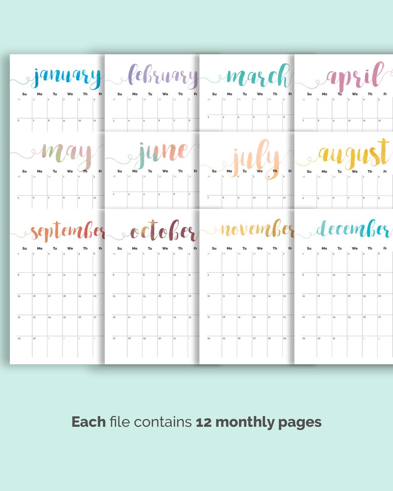 May include: A printable calendar featuring 12 monthly pages, each with a different watercolor-style title. The months are arranged in three rows of four, with a clean, minimalist layout. The text "Each file contains 12 monthly pages" is at the bottom.