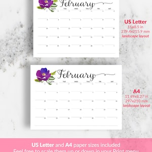 May include: Printable February calendar featuring a watercolor floral design with purple flowers and green leaves. The calendar is available in US Letter (11x8.5 inches) and A4 (11.69x8.27 inches) sizes.