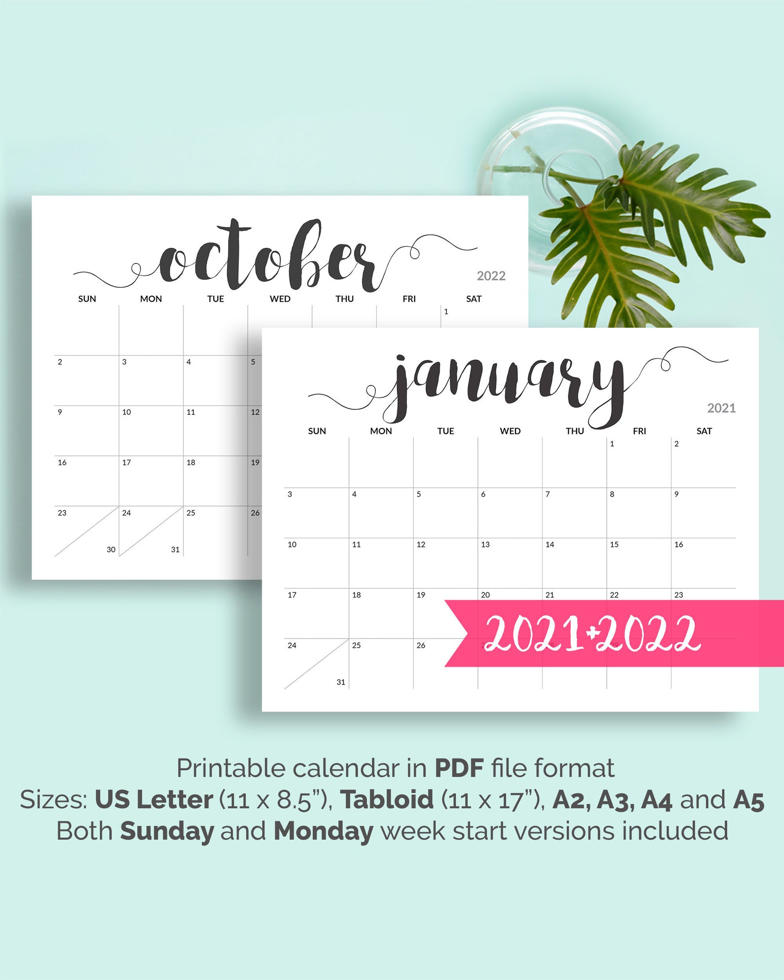2021 Afdrukbare kalender 2021-2022 Kalender Afdrukbare grote | Etsy
