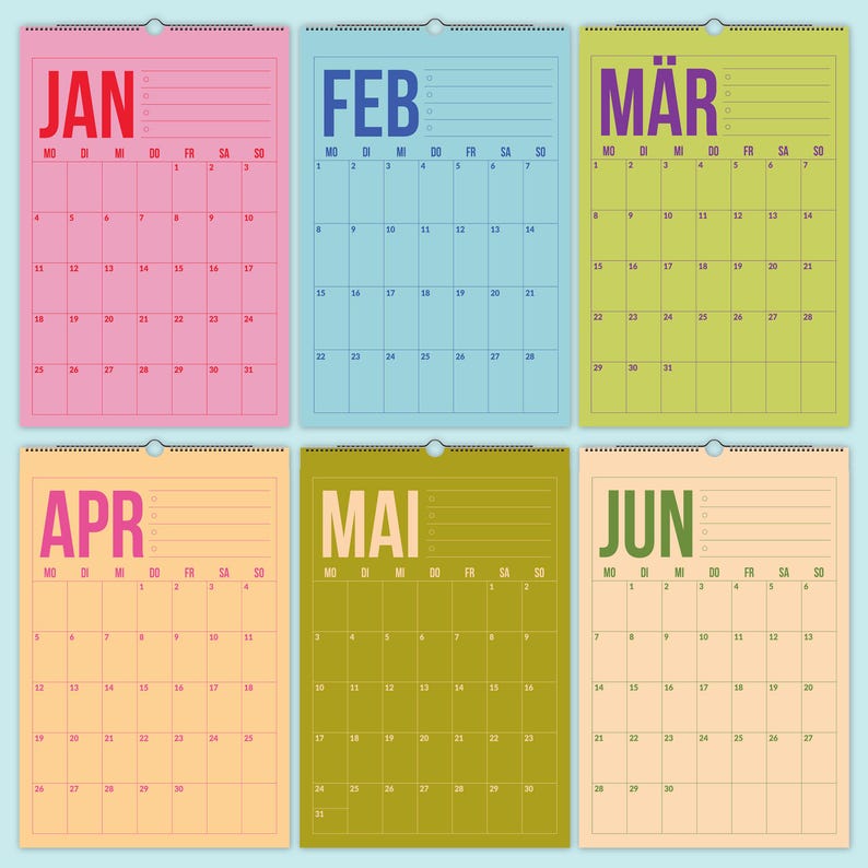 Calendario tedesco 2026-2027 per casa, scuola o ufficio / Calendario da parete colorato in lingua tedesca / Agenda da parete tedesca immagine 4