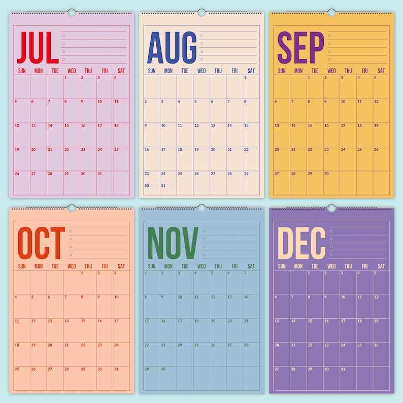 Väggkalender 2026-2027 • Färgglad hängande månadskalender • Vertikal minimalistisk familjeplanerare • A4 / Letter • 12-månaderskalender 2026 bild 7