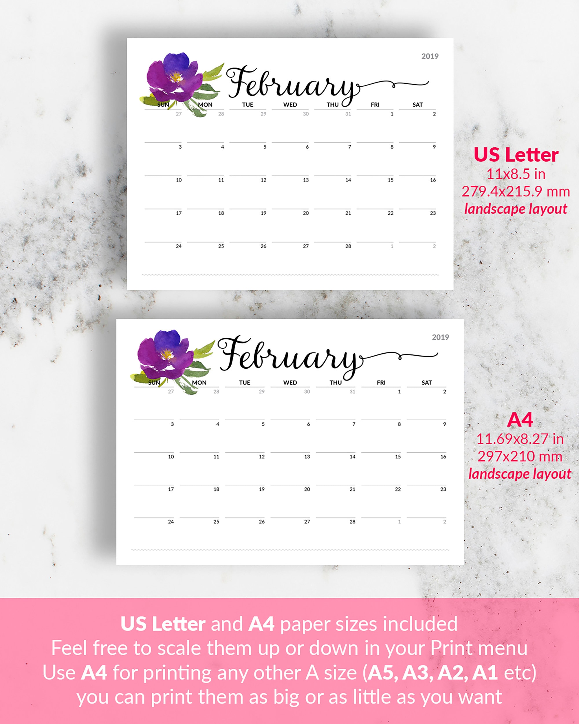 Floral Calendar PRINTABLE Calendar to Type in 2021 Wall | Etsy