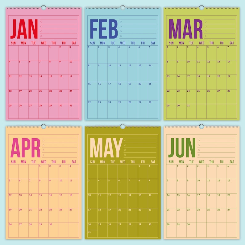 Väggkalender 2026-2027 • Färgglad hängande månadskalender • Vertikal minimalistisk familjeplanerare • A4 / Letter • 12-månaderskalender 2026 bild 6