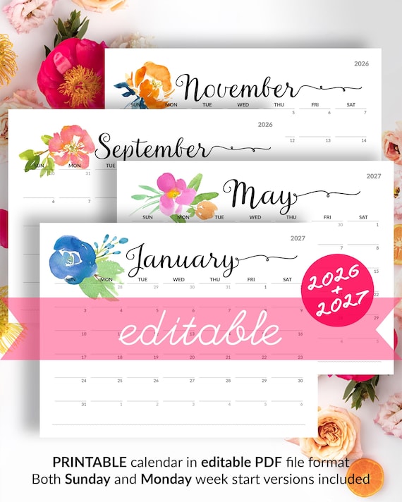 Floral Calendar PRINTABLE Calendar to Type In 2026 Wall Calendar Editable Calendar with Birthdays Monthly Calendar for Family Cute Calendar