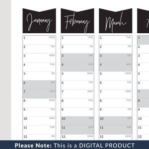 May include: Black and white printable calendar with the months January, February, March, and April. Each month has a black banner with the month name in white cursive writing. The calendar is designed for a weekly layout with days of the week abbreviated. The calendar is a digital product and does not include a physical product.