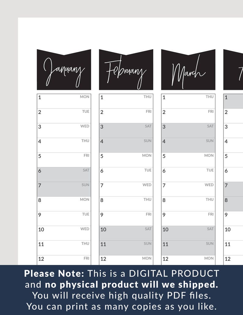 May include: Black and white printable calendar with the months January, February, March, and April. Each month has a black banner with the month name in white cursive writing. The calendar is designed for a weekly layout with days of the week abbreviated. The calendar is a digital product and does not include a physical product.