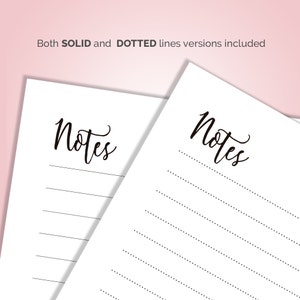 May include: Two white notepads with the word "Notes" written in black cursive at the top. One notepad has solid lines and the other has dotted lines.
