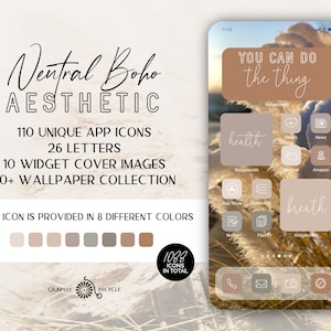 May include: A phone screen mockup with a neutral boho aesthetic theme. The background is a blurry image of tall grass. The phone screen displays a variety of app icons and widgets, including "health", "breath", "news", "Amazon", "App Store", "Calendar", "Notes", "Files", and "Widgetsmith". The text "YOU CAN DO the thing" is displayed in a brown rectangle at the top of the screen. The text "1088 ICONS IN TOTAL" is displayed in a circle at the bottom of the screen.