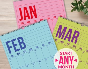 Calendario de pared 2026-2027 / Planificador mensual grande y colorido / Diseño vertical / Calendario colgante de 12 meses / Inicio disponible en domingo y lunes