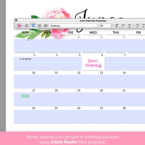 May include: A light blue calendar with a floral design at the top. The calendar is for June 2018 and includes the days of the week, dates, and a note that says "Jane's Birthday" on June 6th.