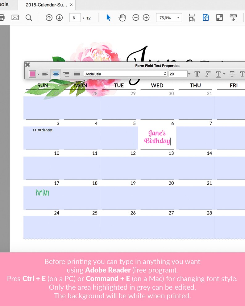 May include: A light blue calendar with a floral design at the top. The calendar is for June 2018 and includes the days of the week, dates, and a note that says "Jane's Birthday" on June 6th.
