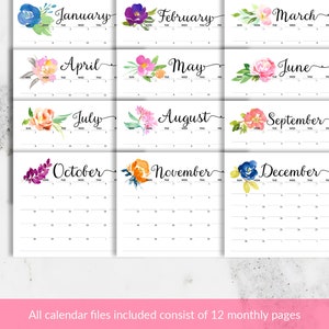 May include: A printable calendar featuring watercolor floral designs for each month of the year. The calendar includes the days of the week and numbers for each day. The text "All calendar files included consist of 12 monthly pages" is at the bottom of the image.