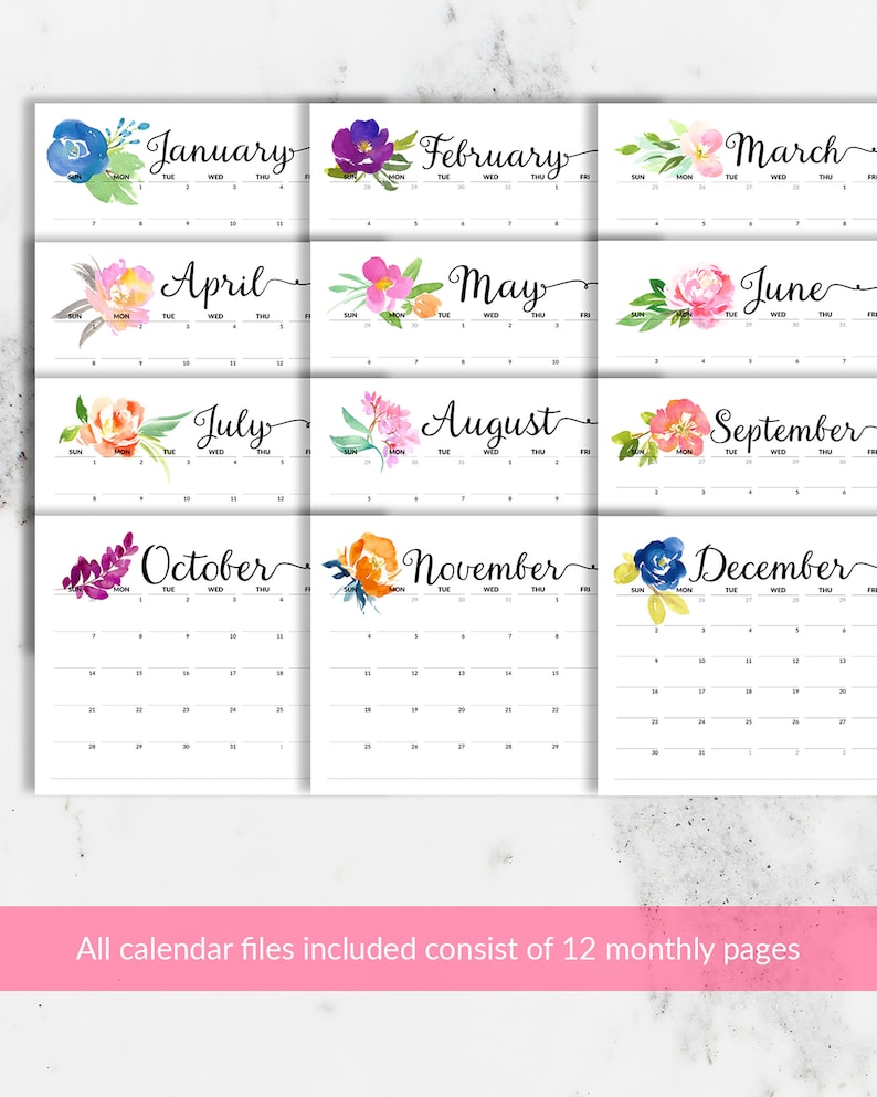 May include: A printable calendar featuring watercolor floral designs for each month of the year. The calendar includes the days of the week and numbers for each day. The text "All calendar files included consist of 12 monthly pages" is at the bottom of the image.