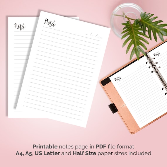Notes PRINTABLE Planner Inserts, Printable Notes Pages A5, A4, Us Letter, Half Size Lined Notes Refills, Kikki K Filofax printable notepaper