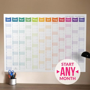 May include: A 2027 wall calendar featuring a vertical layout with twelve colour-coded monthly columns from January to December. Each column lists dates 1 through 31. A circular pink graphic overlay displays the text START ANY MONTH.