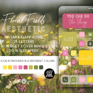 Floral Fields Aesthetic Icon Pack for iOS14 App Icons, Pink and Green Aesthetic Summer iPhone Theme, iOS 14 Icons Green, iOS 14 Icons Yellow