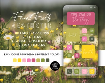 Floral Fields Aesthetic Icon Pack for iOS14 App Icons, Pink and Green Aesthetic Summer iPhone Theme, iOS 14 Icons Green, iOS 14 Icons Yellow