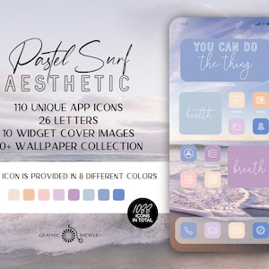 May include: A pastel-colored phone screen with a beach background. The screen shows app icons with the text "YOU CAN DO the thing", "health", and "breath". The phone screen is surrounded by text that says "Pastel Surf AESTHETIC", "110 UNIQUE APP ICONS", "26 LETTERS", "10 WIDGET COVER IMAGES", "30+ WALLPAPER COLLECTION", and "EACH ICON IS PROVIDED IN 8 DIFFERENT COLORS".