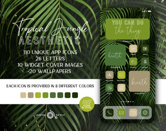 Tropical Jungle Aesthetic Icon Pack for iOS14 App Icons, Tropical Summer Aesthetic, Tropical Icons, Tropical App Icons, Green Leaves Theme