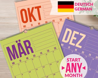 Tysk kalender 2026-2027 för hemmet, skolan eller kontoret | Färgglad hängande väggkalender på tyska | Tysk väggplanerare