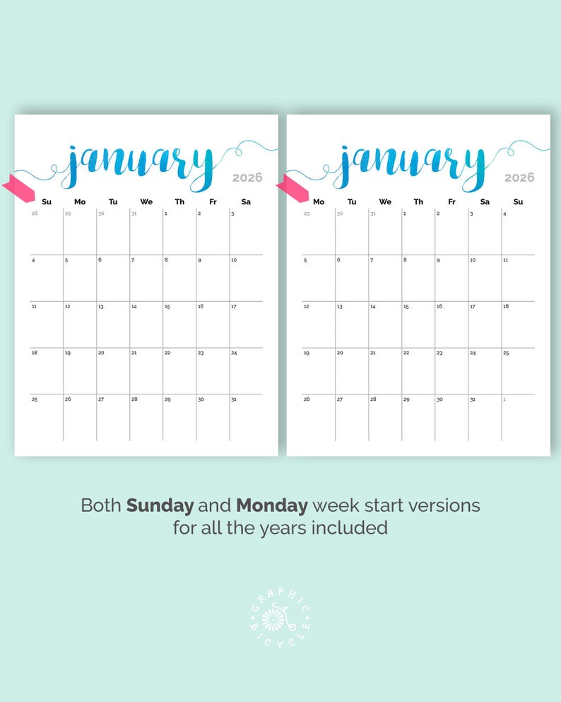 May include: Two white January 2026 calendars with blue handwritten-style text. One calendar starts the week on Sunday, the other on Monday. Pink ribbon-shaped accents are on the left side of each calendar. The text "Both Sunday and Monday week start versions for all the years included" is at the bottom.