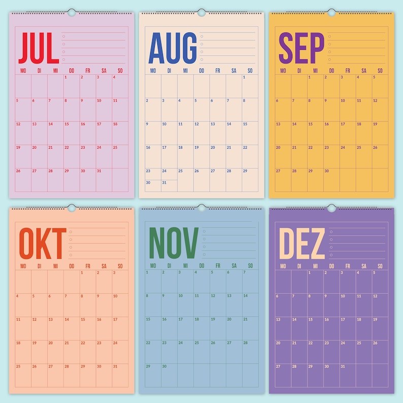Calendario tedesco 2026-2027 per casa, scuola o ufficio / Calendario da parete colorato in lingua tedesca / Agenda da parete tedesca immagine 5