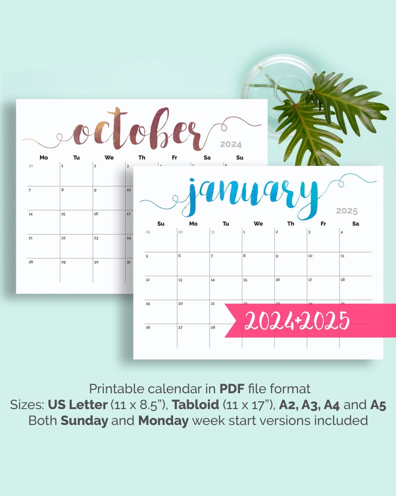 PRINTABLE Calendar 2024 Large Wall Calendar 2024-2025 Calendar Large Monthly Pages Printable PDF Calendar Colorful 2024 Calendar for Kids zdjęcie 1