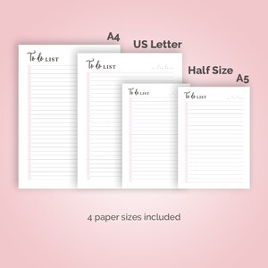 May include: Four printable to-do list templates in different sizes: A4, US Letter, Half Size, and A5. Each template features a simple design with the text "To do LIST" at the top and lined spaces for writing.