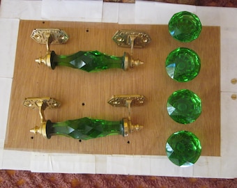 Green Glass Cabinet Handles & Knobs Set, Brass Fittings