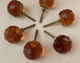 Set of 6 PCs Large size Knobs, 2" diameter with screw , Cut Glass, Ball shape. Amber colors