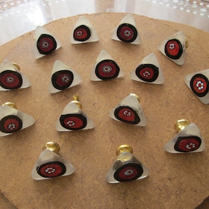 15 Designed glass Knobs,1.5" Triangle White Milky with Bkack & Red Circle