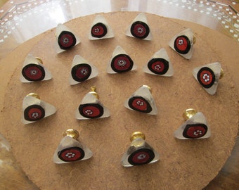 15 Designed glass Knobs,1.5" Triangle White Milky with Bkack & Red Circle
