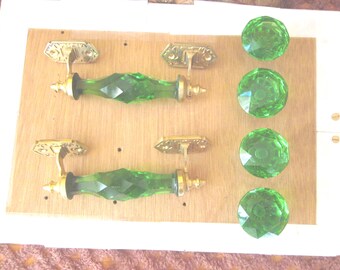 Green Glass Cabinet Handles & Knobs Set, Brass Fittings
