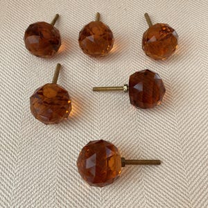 Set of 6 Amber Cut Glass Ball Knobs, 2" Diameter, with brass screw.